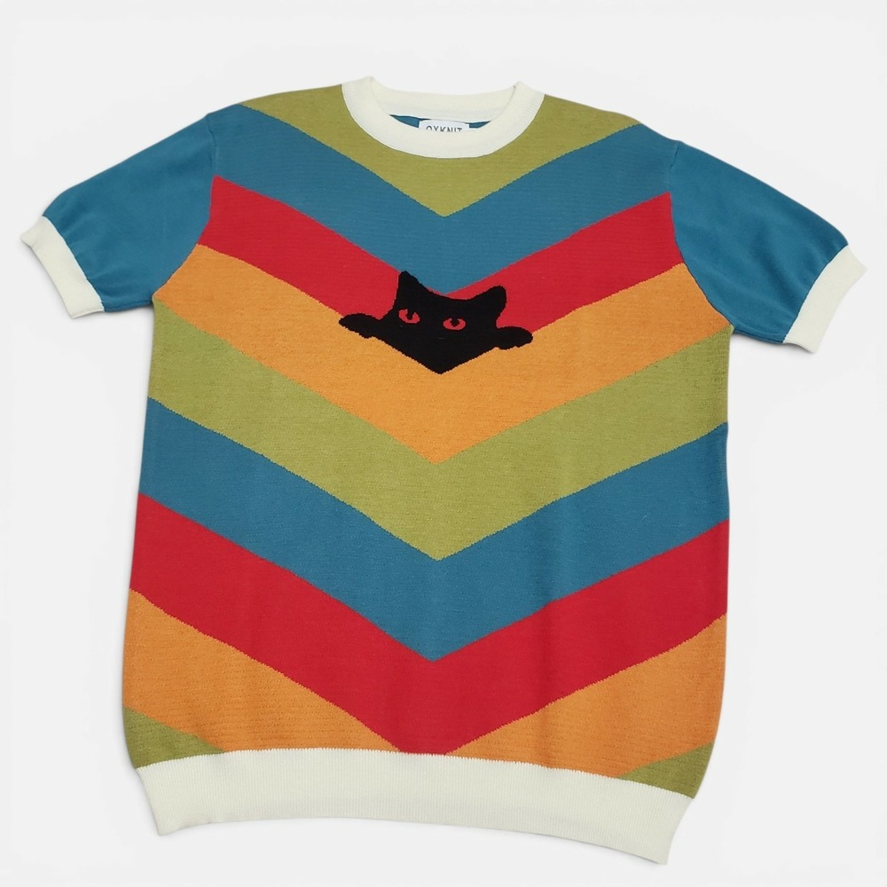 OXKNIT Chevron Stripe Knit Short Sleeve Sweater Cat Graphic Multicolor XL Retro